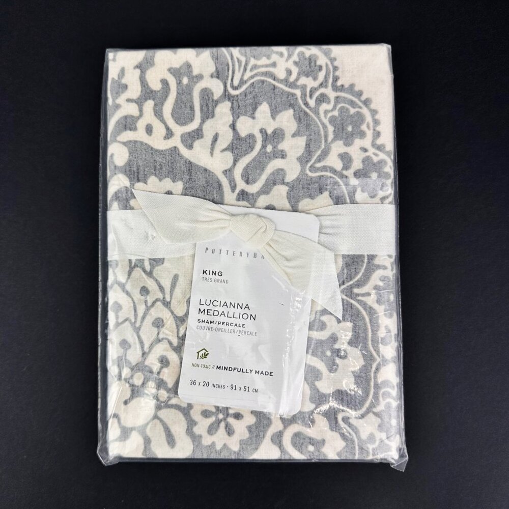 New Pottery Barn "Lucianna Medallion" KING Sham 20"x36" Gray Organic Cotton